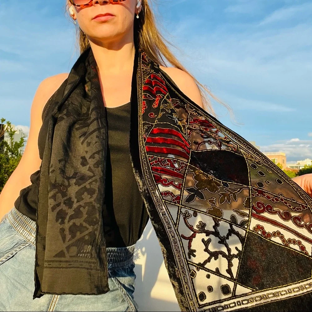 All Saints Vintage Royal Velvet Cut Out Mesh Art Long Rectangle Scarf